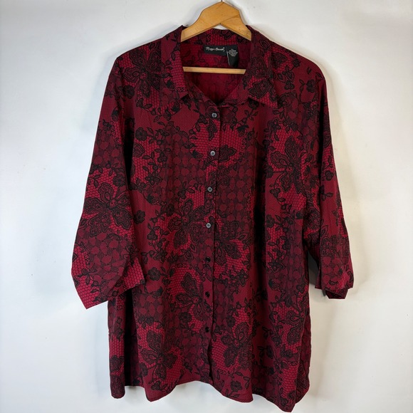 Maggie Barnes Tops - Maggie Barnes Blouse Women 3X Red Black Floral Lace Print Button Front 3/4 Slv